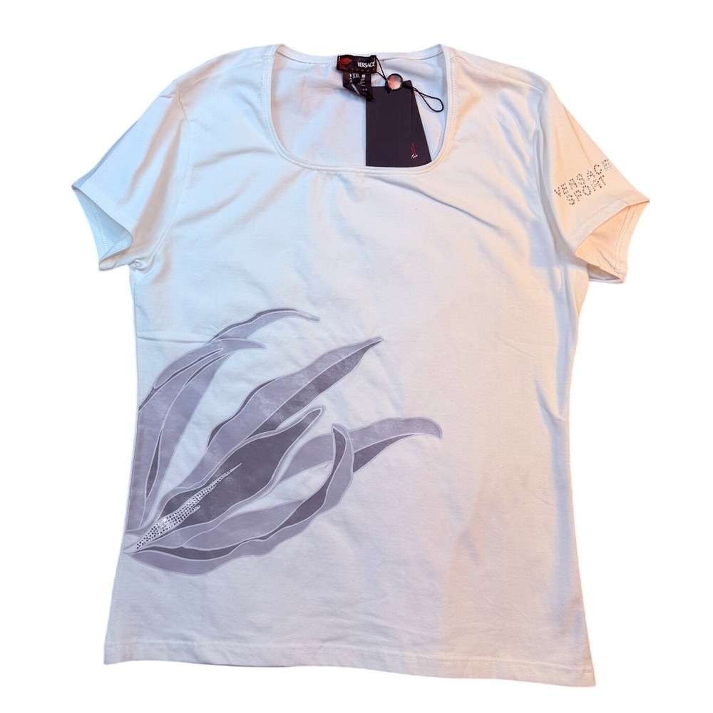 VTG Versace Sport Womens White‎ Rhinestone Graphic T-Shirt XXL NWT Greece